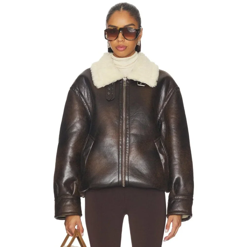 Superdown Amelia Faux Leather Jacket in Brown Large New with Tags Womens - Picture 4 of 9